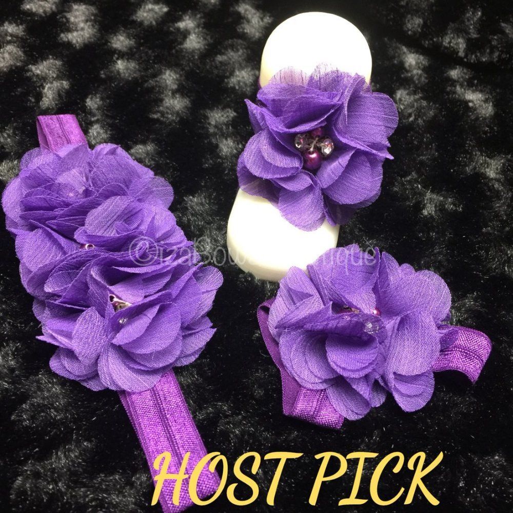 💗HOST PICK💗Purple Chiffon Barefoot Sandals & Headband Set  HANDCRAFTED BFS163